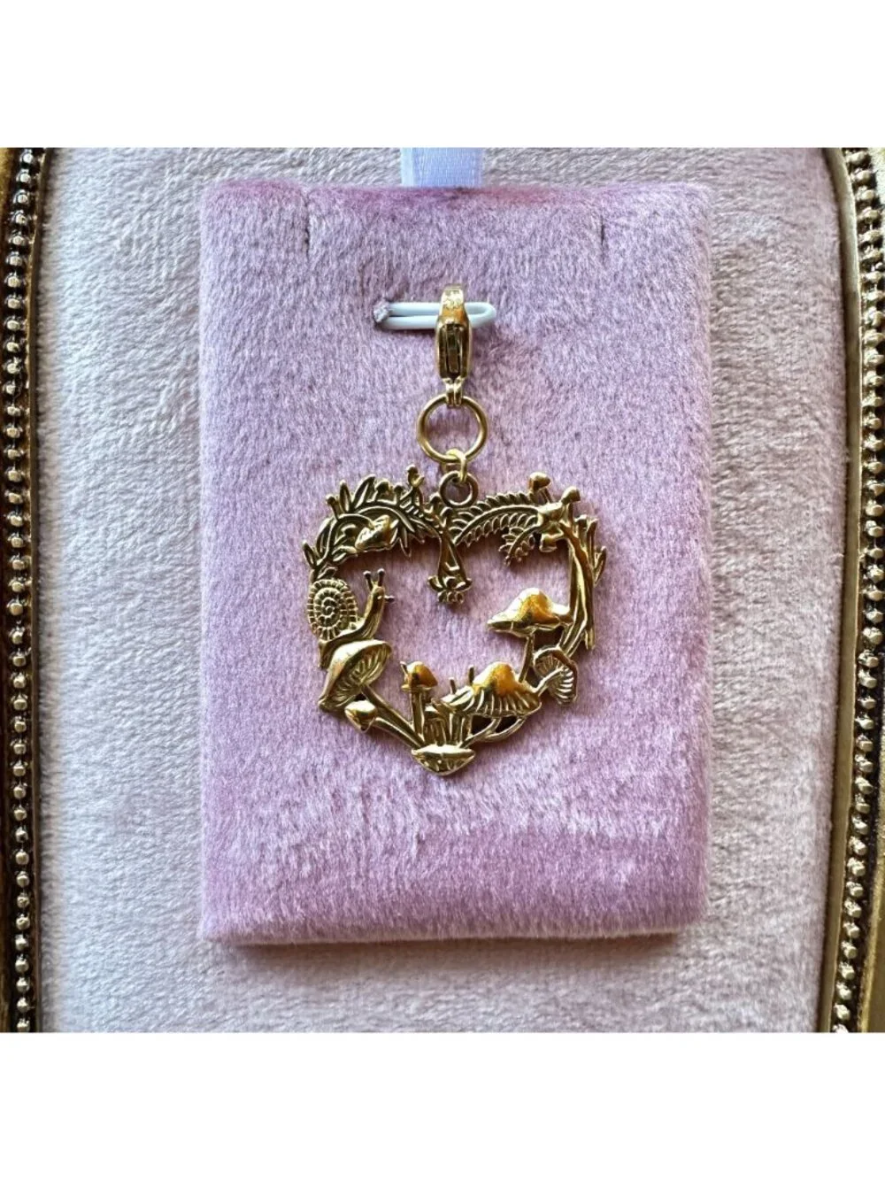Heart-Shaped Forest Charm w/ Mushrooms & Snail Lobster Claw Clasp - Picture 8 of 14